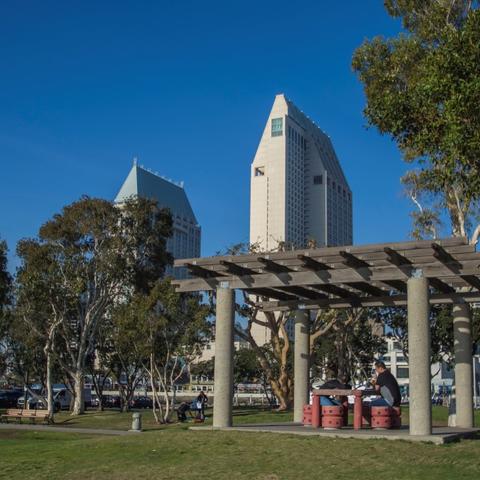 Picnic table, benches, trees, and grass at Embarcadero Marina Park North at the Port of San Diego