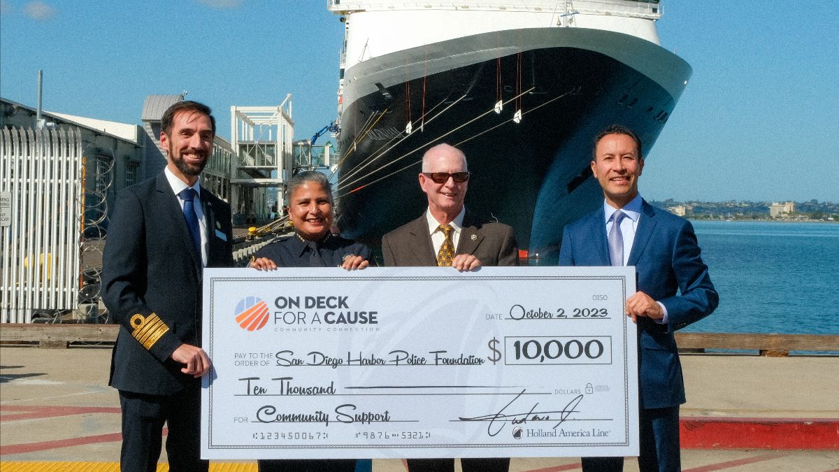 During the kickoff event and as part of its ongoing support in the San Diego community, Holland America Line donated $10,000 to the San Diego Harbor Police Foundation. Pictured left to right: MS Volendam Captain Ryan Whitaker, Port of San Diego Harbor Police Chief Magda Fernandez, Foundation president and CEO Jeffrey Wohler, Port Chairman Rafael Castellanos (Image at LateCruiseNews.com - October 2023)