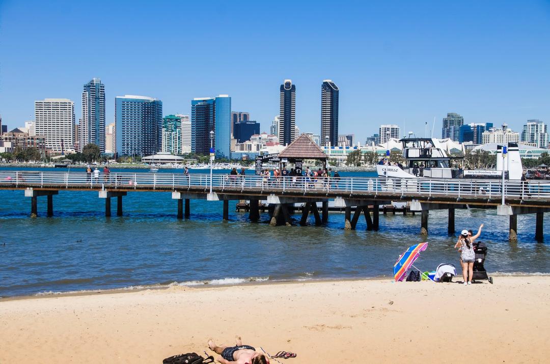 A view towards downtown San Diego from Coronado Ferry Landing Park beach