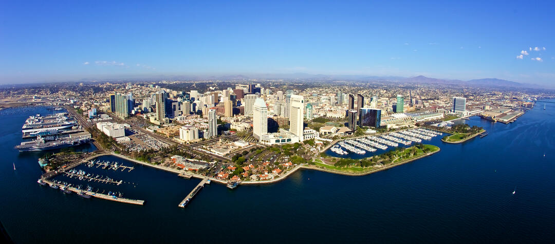 View from above San Diego Bay toward the Central Embarcadero and downtown San Diego.