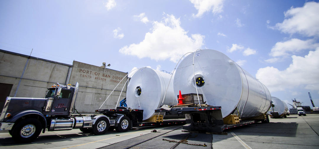 two huge beer fermenting tanks await transport at the Tenth Avenue Marine Terminal Port of San Diego