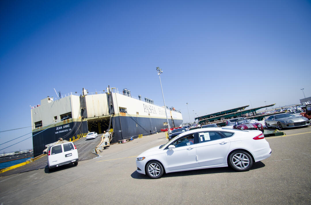 Vehicles load onto PASHA Hawaii's Jean Anne at the National City Marine Terminal.