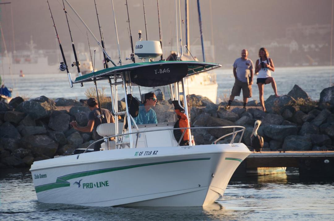 A white small boat glides along the San Diego bay