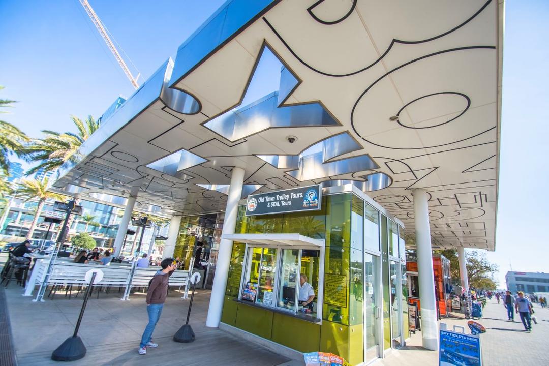 Old Town Trolley Tours and SEAL Tours kiosk at Broadway Plaza at the Port of San Diego