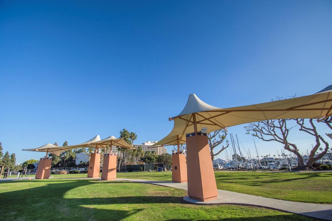 Pedestrian path and grass at Spanish Landing Park at the Port of San Diego