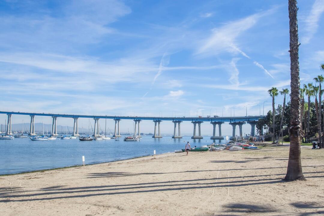 Sand beach with view of San Diego-Coronado Bay Bridge at Coronado Tidelands Park at the Port of San Diego