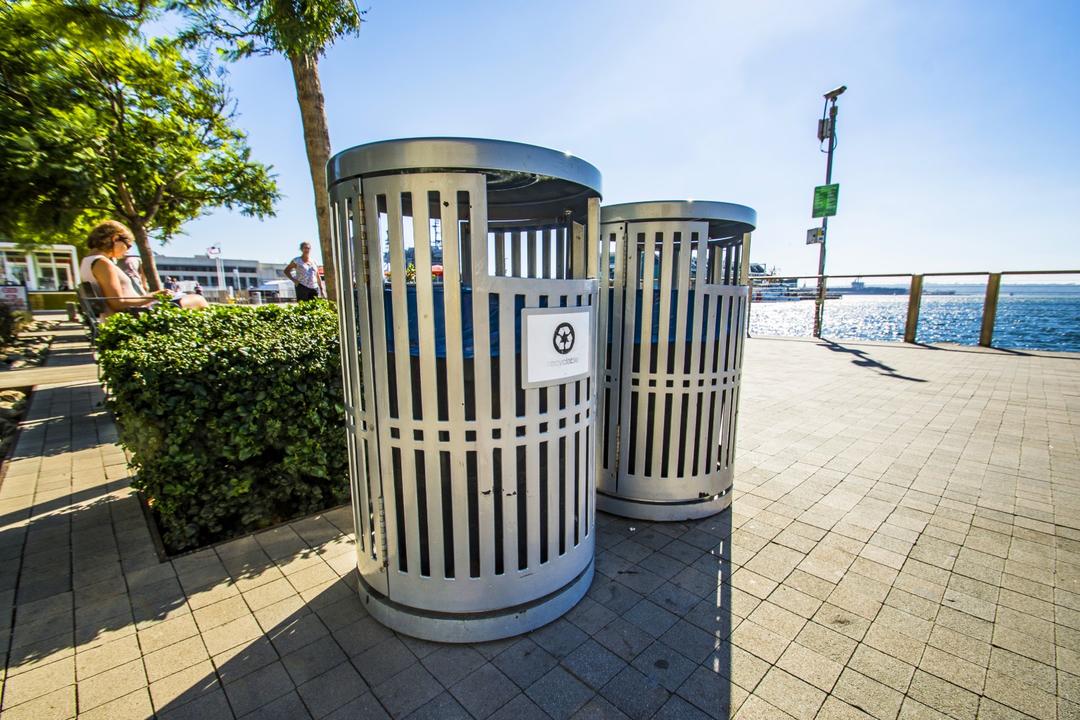 Recycle cans on the Embarcadero Remember to 'Stache Your Trash!