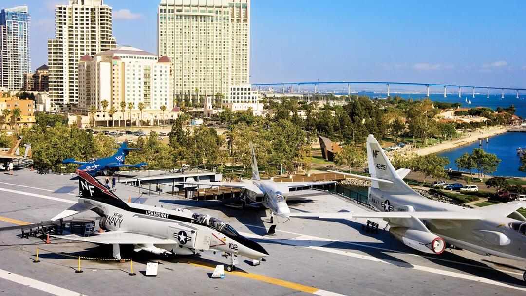 A view looking from the flight deck of the USS Midway Museum towards downtown San Diego.