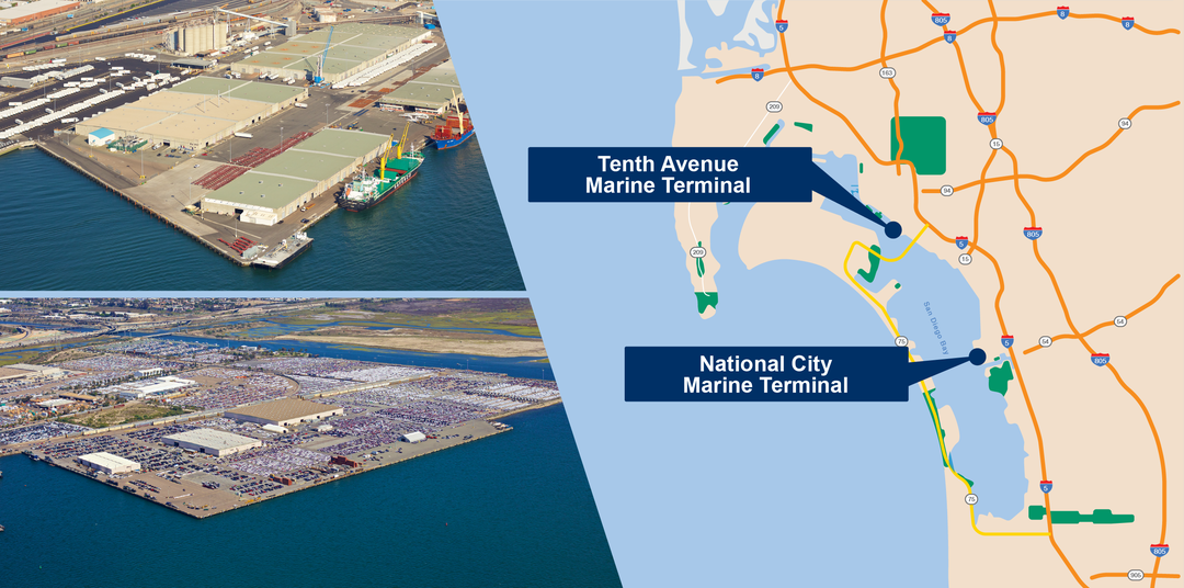 map with the location of the Tenth Avenue Marine Terminal and National City Marine Terminal