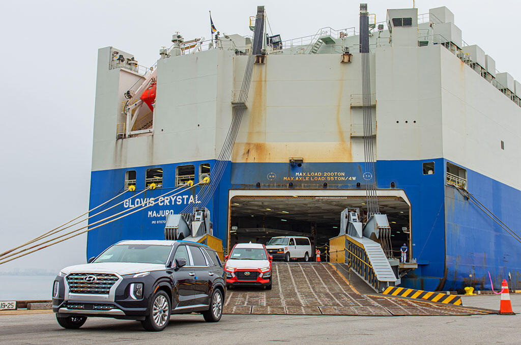 cars roll off of a cargo ship at Port of San Diego National City Marine Terminal