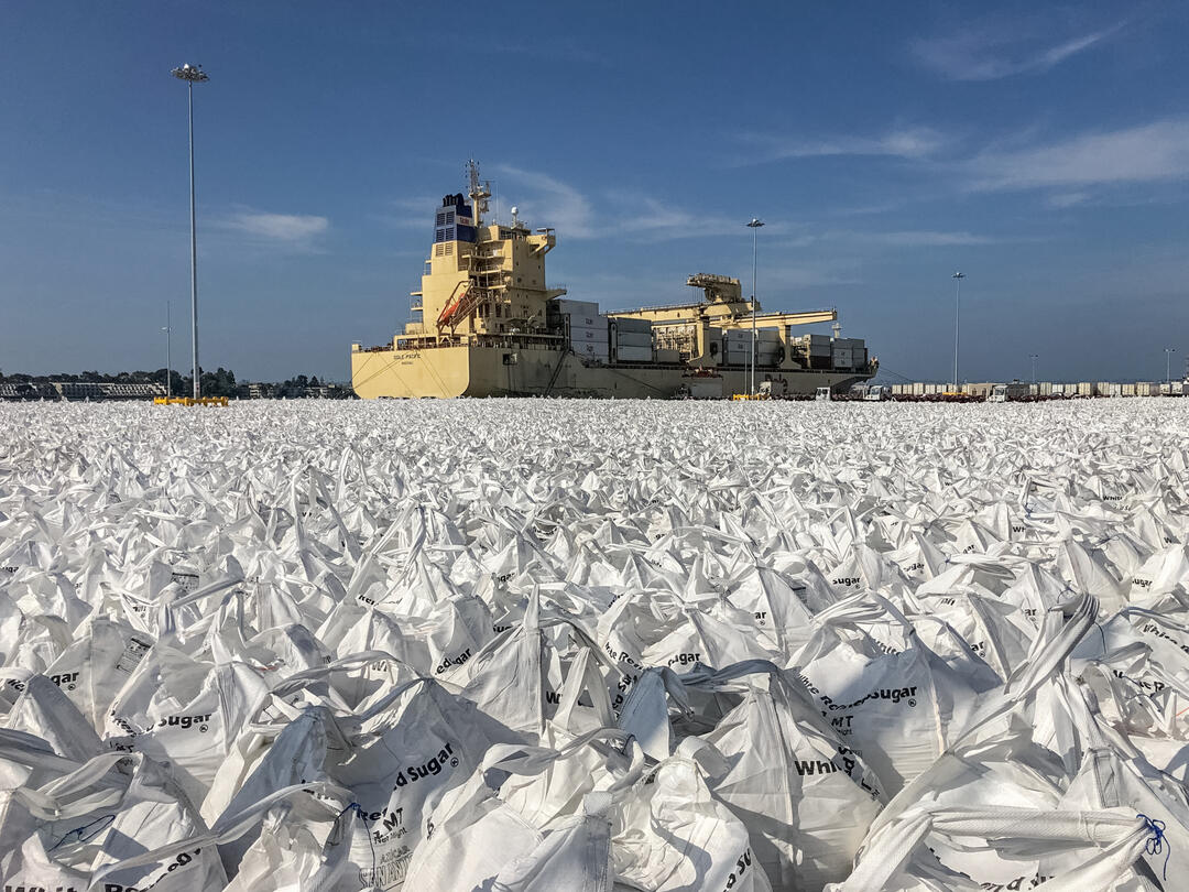a yellow cargo ship sits in the distance. there are 1,000s of sugar bags in front of it.