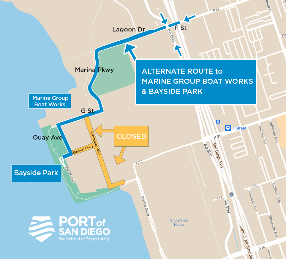 Map of Chula Vista Bayfront shows road closures and detours for May 2022 - late summer 2022.