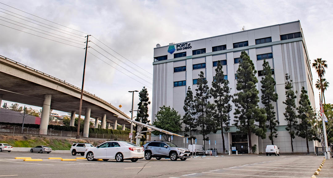 the front parking lot and the entrance to thePort of San Diego Administration Building