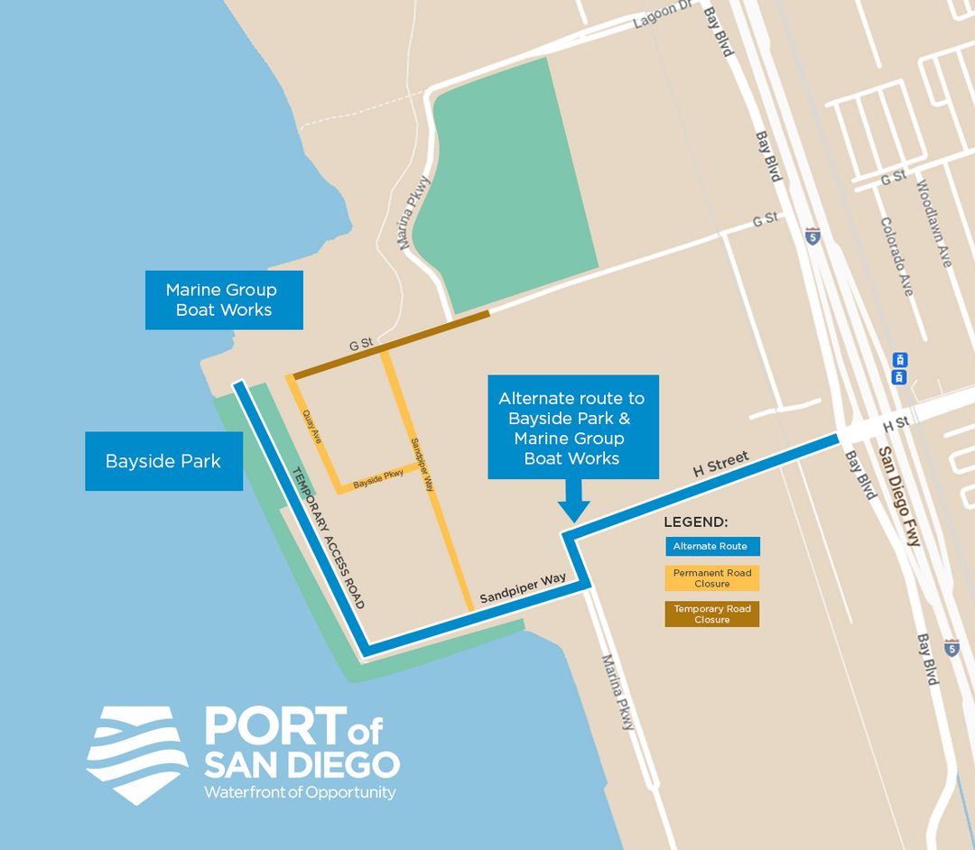 Map depicts road closures and detours on Chula Vista Bayfront that are anticipated to begin on or shortly after August 22, 2022.