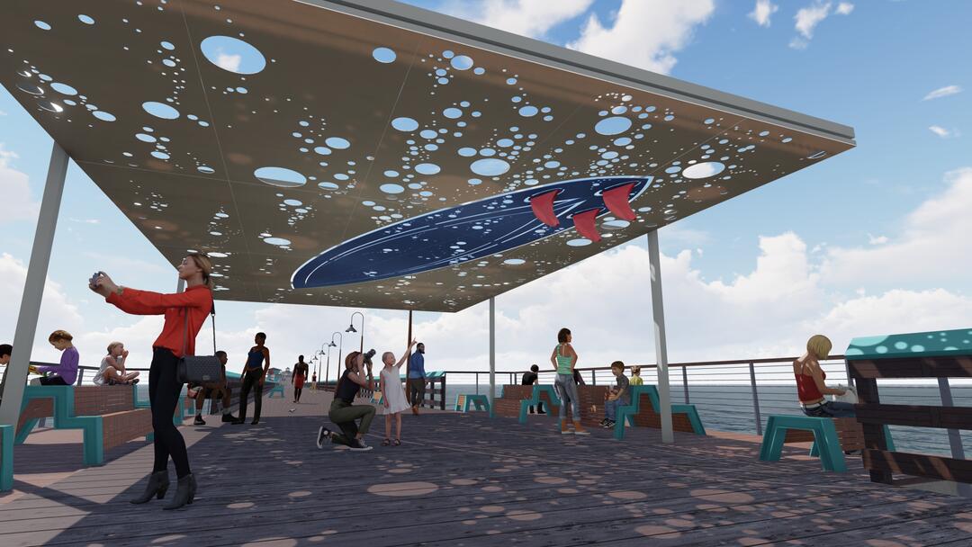 Rendering of a shade canopy structure proposed for the Imperial Beach Pier. It depicts a blue surfboard with red fins in water
