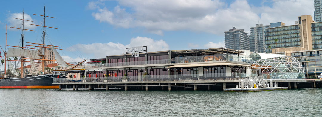 looking towards Portside pier - a building that sits on the water next to the Star of India