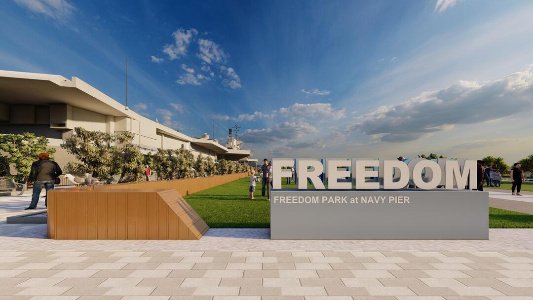 Conceptual rendering depicts area of Freedom Park planned for Navy Pier next to the USS Midway