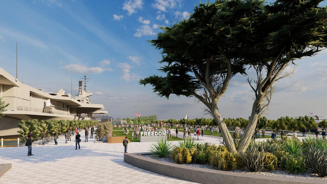 Conceptual rendering depicts area of Freedom Park planned for Navy Pier next to the USS Midway