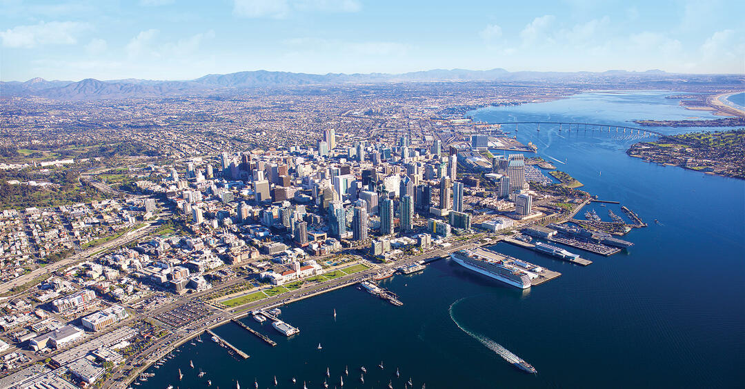 aerial view of Downtown San Diego from the bay. 