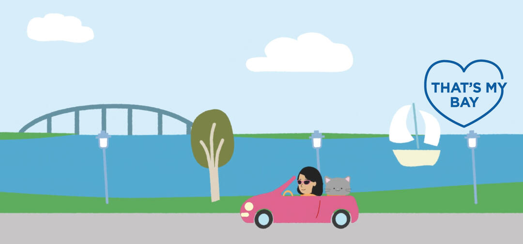 a pink cartoon car drives along the blue bay - with a graphic that says "That's My Bay"