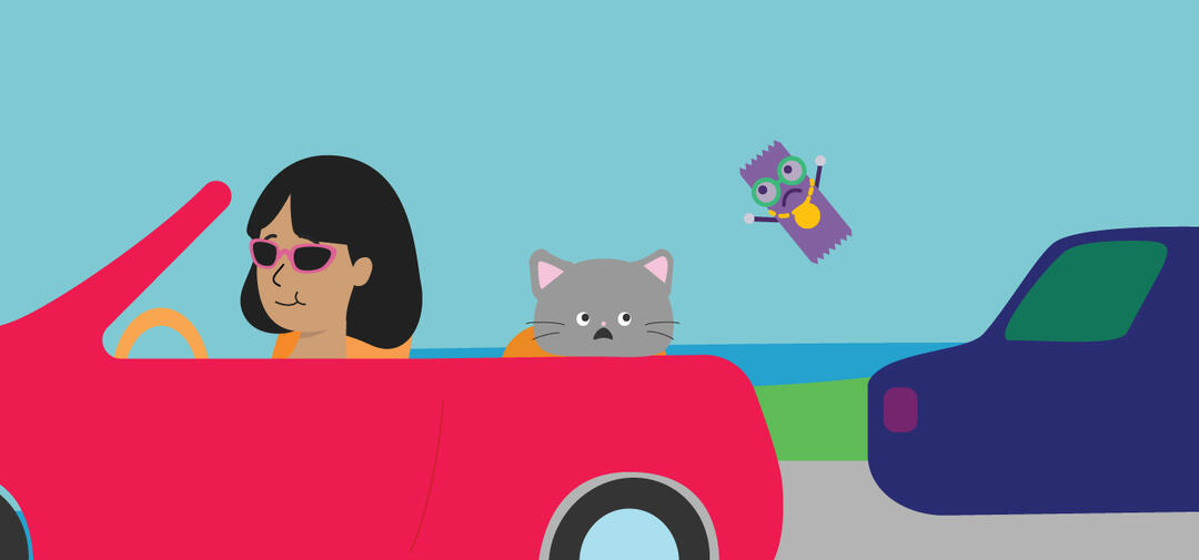 a cartoon of a car with a candy wrapper flying out while a kitty looks worried