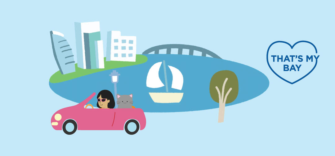 acartoon graphic of water, a pink car, a city skyline, and #ThatsMyBay logo