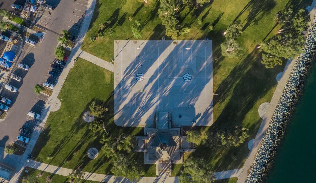 Aerial image of the basketball courts with Port logo in EMPS near the Rady Shell