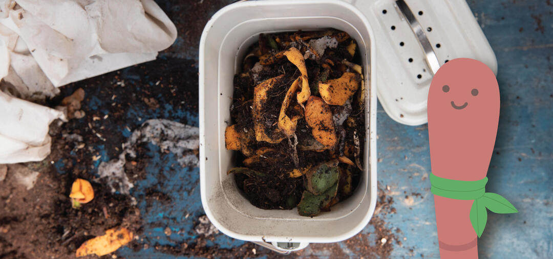 Wilma the cartoon worm is in dirt next to food scraps