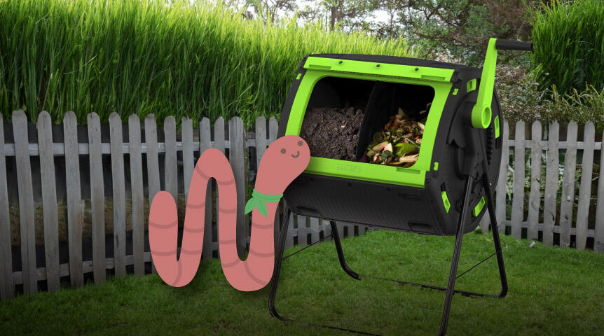 ThatsMyBay Environmental Steward, Wilma the Worm alongside a composting tumbler