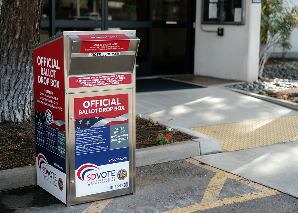 Official ballot box stationed at the front of the Port of San Diego Admin building