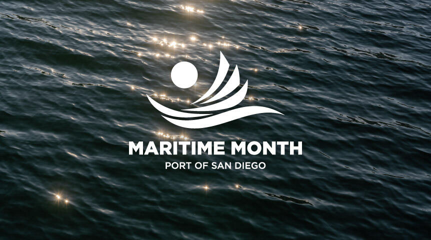 a picture of water with the Maritime Month graphic logo in white