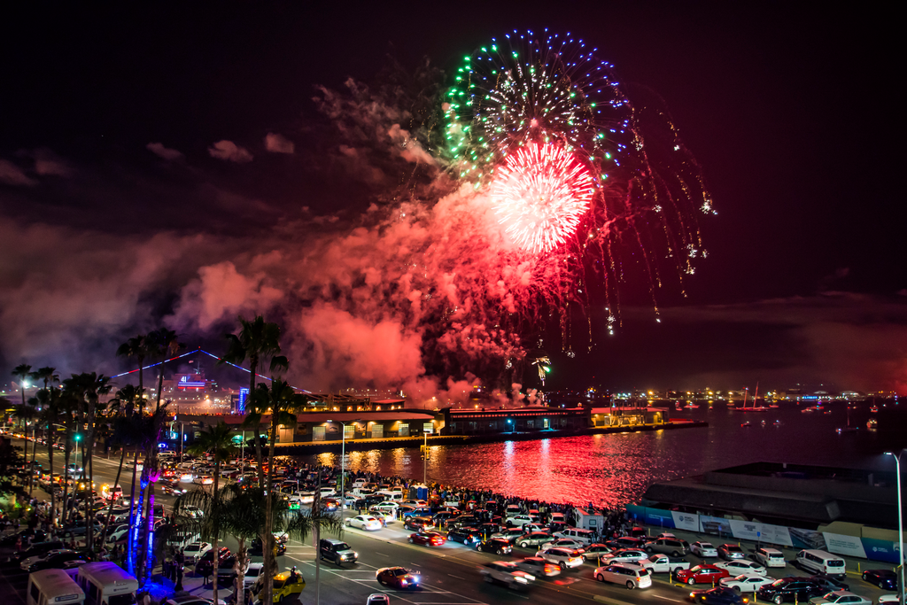 bright fireworks explode in the night sky