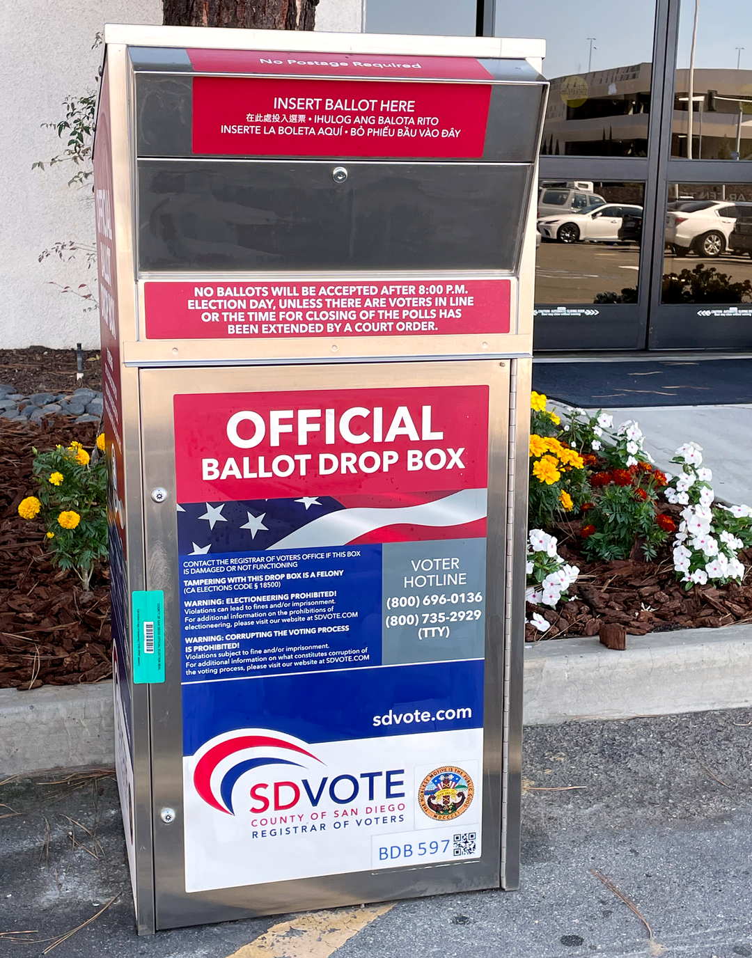 red, white, and blue ballot box at the front of the Port of San Diego Admin. Building
