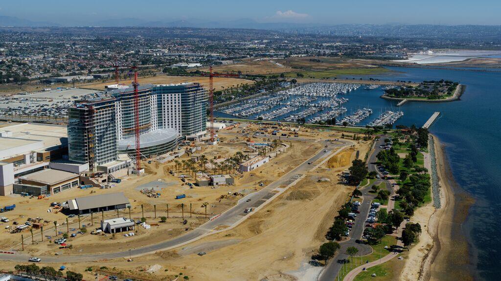 Aerial photo of the Gaylord Pacific Resort and Convention Center under construction on the Chula Vista Bayfront.