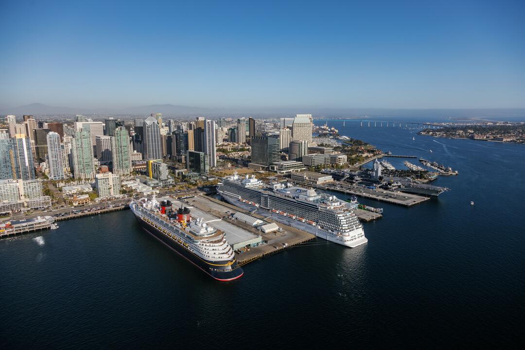 Two cruise ships docked at B Street Cruise Ship Terminal
