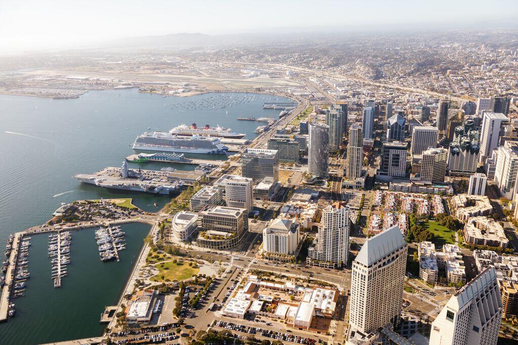Aerial of San Diego Bay looking north with cruise ships docked