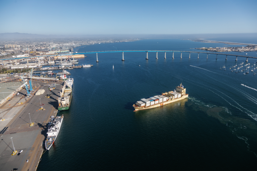 Aerial of cargo vessel entering San Diego Bay