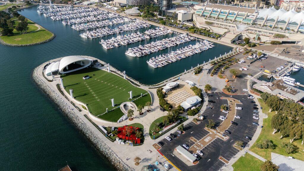 Aerial of San Diego Bay and Embarcadero marina Park South