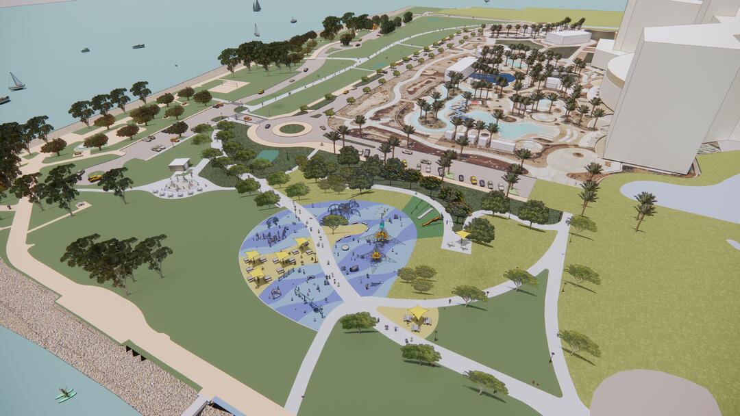 Conceptual rendering of a playground and splash pad being installed in Harbor Park in 2026.