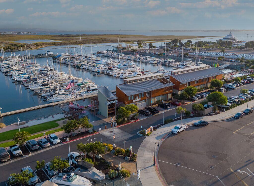 Aerial view of National City Bayfront looking southwest from Pier 32 Marina.