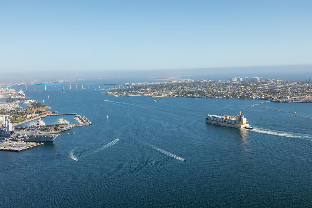 A ship sails in the bay