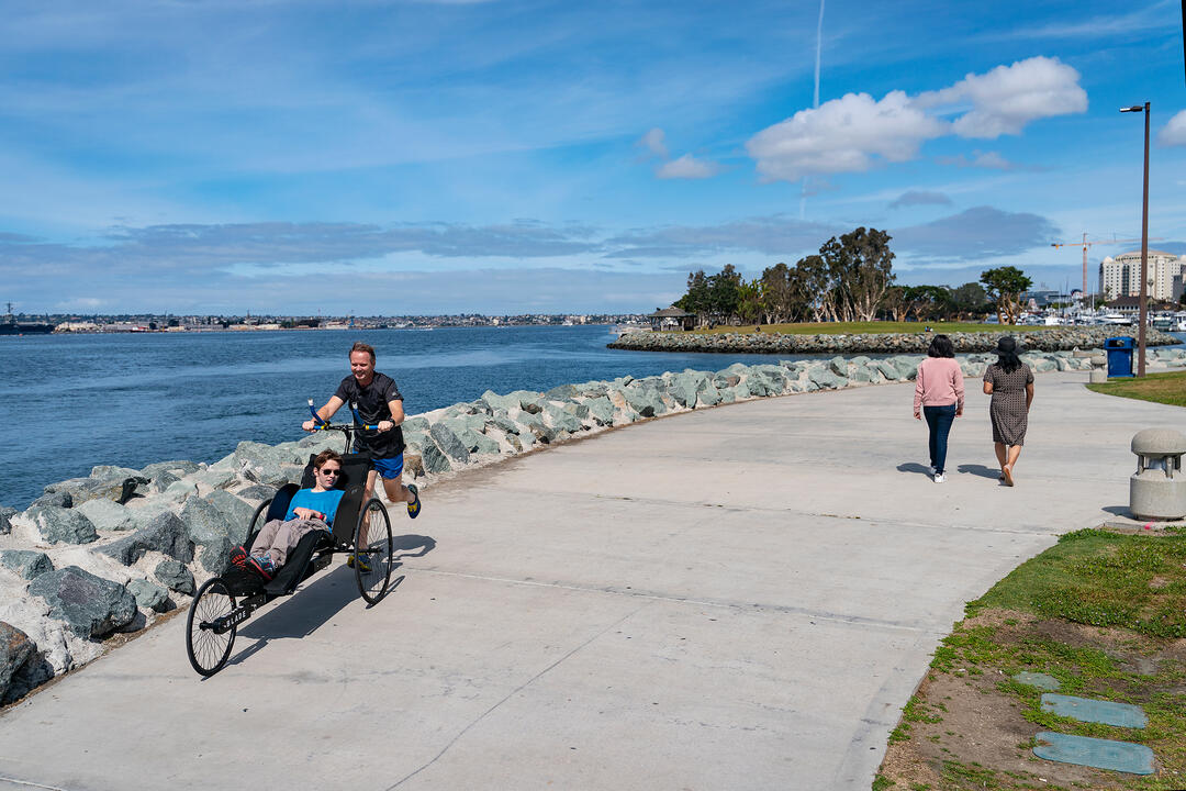 People using the waterfront sidewalk