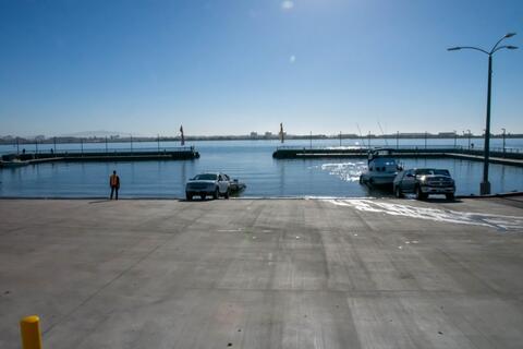 Boat launch ramp at Shelter Island with San Diego Bay in the background.