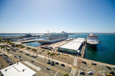 Photo depicts two cruise ships at the Port of San Diego's B Street Cruise Ship Terminal.