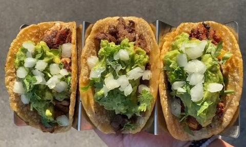 Three tacos from Crack Taco Shop featuring local favorite "Cardiff Crack" burgundy pepper tri-tip