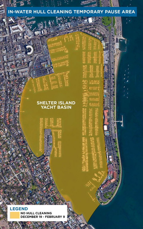 Map depicting the Shelter Island Yacht Basin in San Diego Bay where there will be a pause on in-water hull cleaning December 19, 2021 - February 9, 2022.