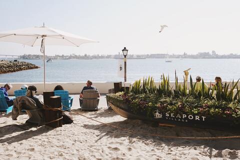 People sitting in chairs in the sand with water in the background.