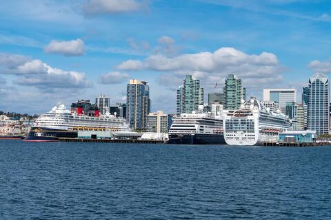 Three cruise ships with the city skyline behind them.
