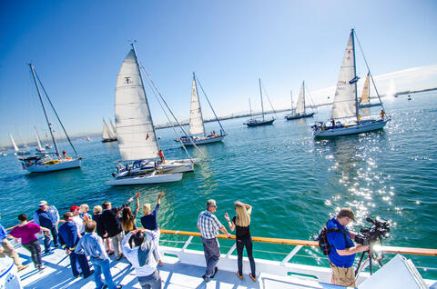People watching sailing yachts on the water