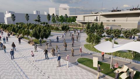 Conceptual rendering depicts area of Freedom Park planned for Navy Pier next to the USS Midway